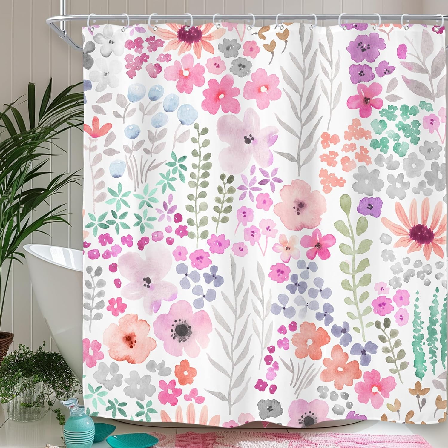 Riyidecor Cherry Blossom Shower Curtain - Pink Floral Sakura Design, 60"W X 72"H, Waterproof Polyester With 12 Hooks