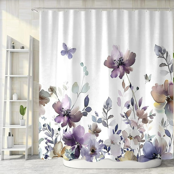 Purple Floral Shower Curtain, Cute Boho Watercolor Flower Wildflower Leaves Butterfly White Fabric Shower Curtains Set for Bathroom Decorative with Hooks 72 X 72 inch Spring Bath Decor
