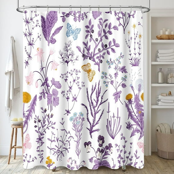 Purple Floral Shower Curtain, Cute Botanical Shower Curtain for Bathroom, Plant Herbs Flower Butterfly Aesthetic Fabric Shower Curtain Set with Hooks 72x72