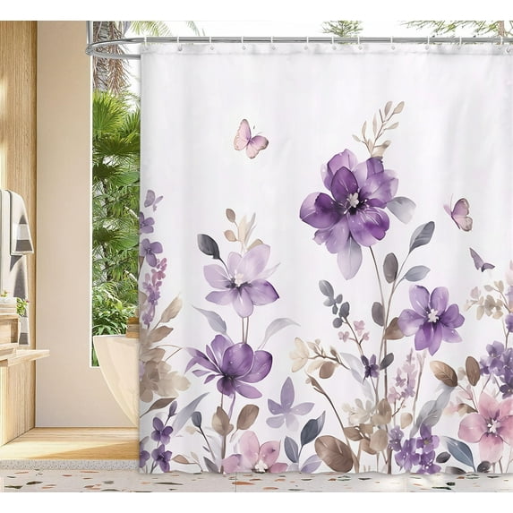 Purple Floral Shower Curtain, Farm Watercolor Flower Leaves and Butterfly on Country Wooden Shower Curtain for Bathroom, Rustic Farmhous Waterproof Fabric Shower Curtain with 12PCS Hooks, 36X70IN