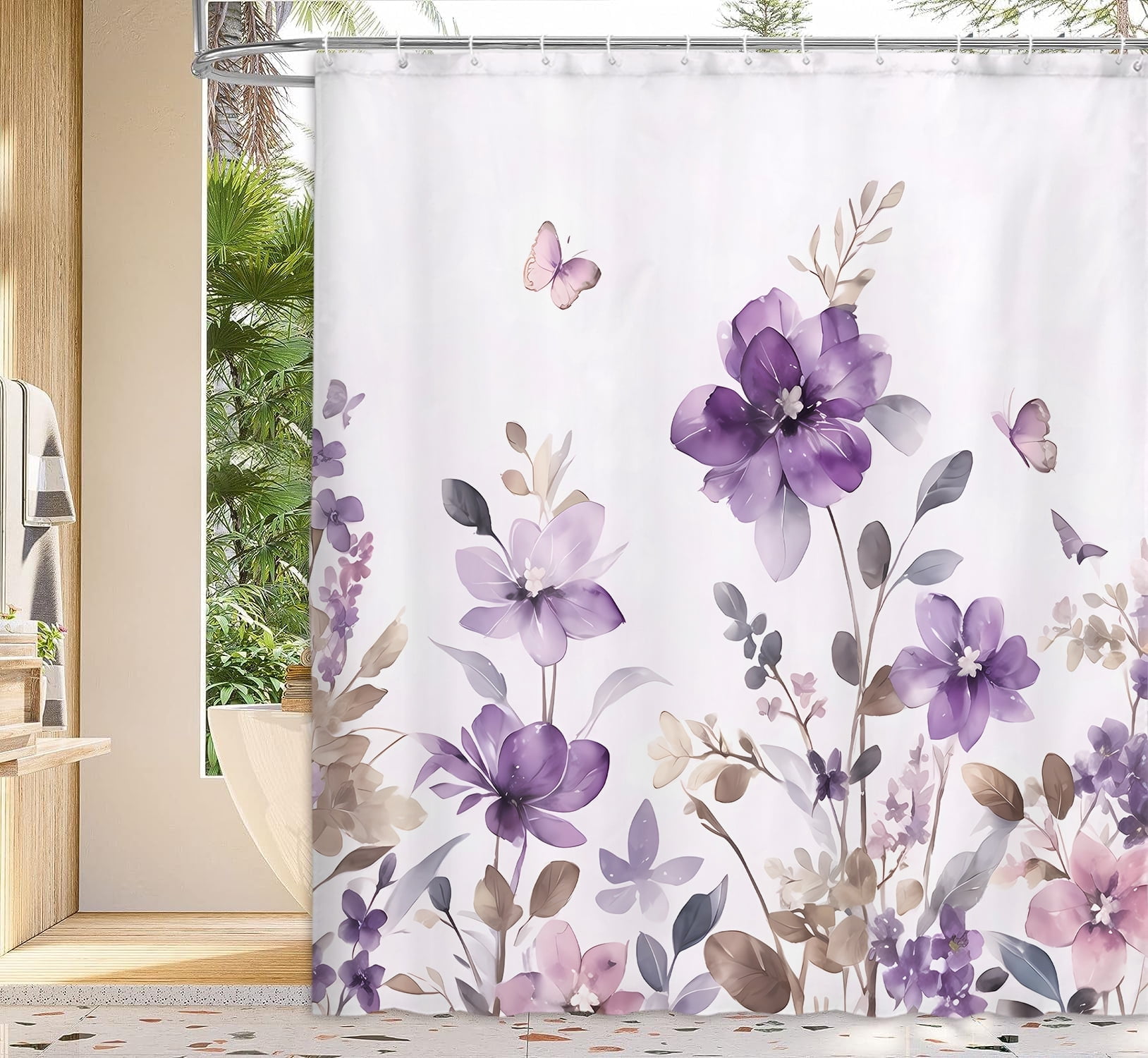 Purple Floral Shower Curtain, Farm Watercolor Flower Leaves and Butterfly on Country Wooden Shower Curtain for Bathroom, Rustic Farmhous Waterproof Fabric Shower Curtain with 12PCS Hooks, 70X85IN
