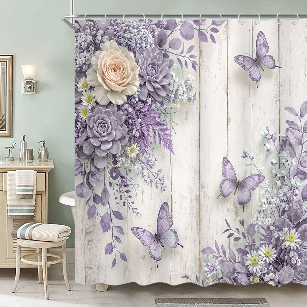Purple Floral Shower Curtain - Farmhouse Rustic Rose Butterfly Bathroom Curtain Boho Botanical Waterproof Fabric Set with 12 Hooks,72X72in