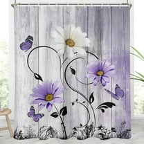 Purple Floral Shower Curtain Flowers Rustic Lavender Lilac Country Butterfly White Daisy Leaves Black Extra Long XL Large Home Bathroom Decor Bathtub Set with 12 Hooks, 72x84, Retro