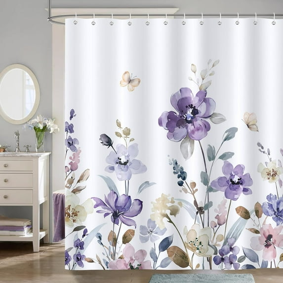 Purple Floral Shower Curtain, Lilac Watercolor Flower Leaves Butterfly Wildflower Bathroom Curtain 72x72 Inch Polyester Fabric Waterproof Bath Curtain with 12 Hooks