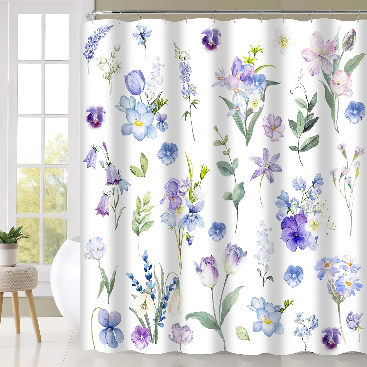 MEUNEAR Farmhouse Purple Floral Shower Curtain - 72x72 Inches With Hooks, Grey & White Bathroom Decor - View #5