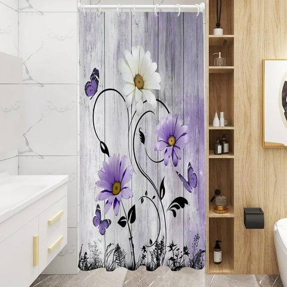 Purple Floral Shower Curtain Rustic Flowers Butterfly Daisy Stall Small Single Walk in Half Size Dorm Standing Narrow Stand Up RV Home Bathroom Decor Bathtub Set with 7 Hooks, 36x72, Lavender