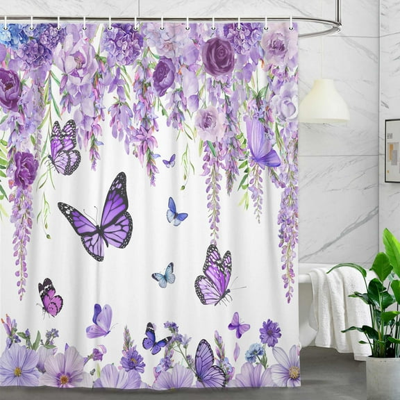 Purple Floral Shower Curtain, Spring Lavender Floral Butterfly Bathroom Shower Curtain Sets, Rustic Plant Waterproof Fabric Shower Curtain with Hooks, 72X72in