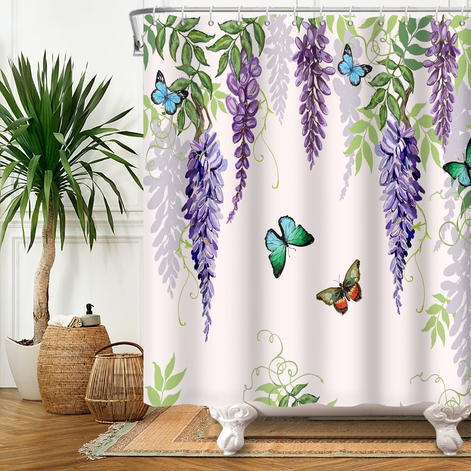 Purple Floral Shower Curtain Spring Leaves Bathroom Curtain with Hooks