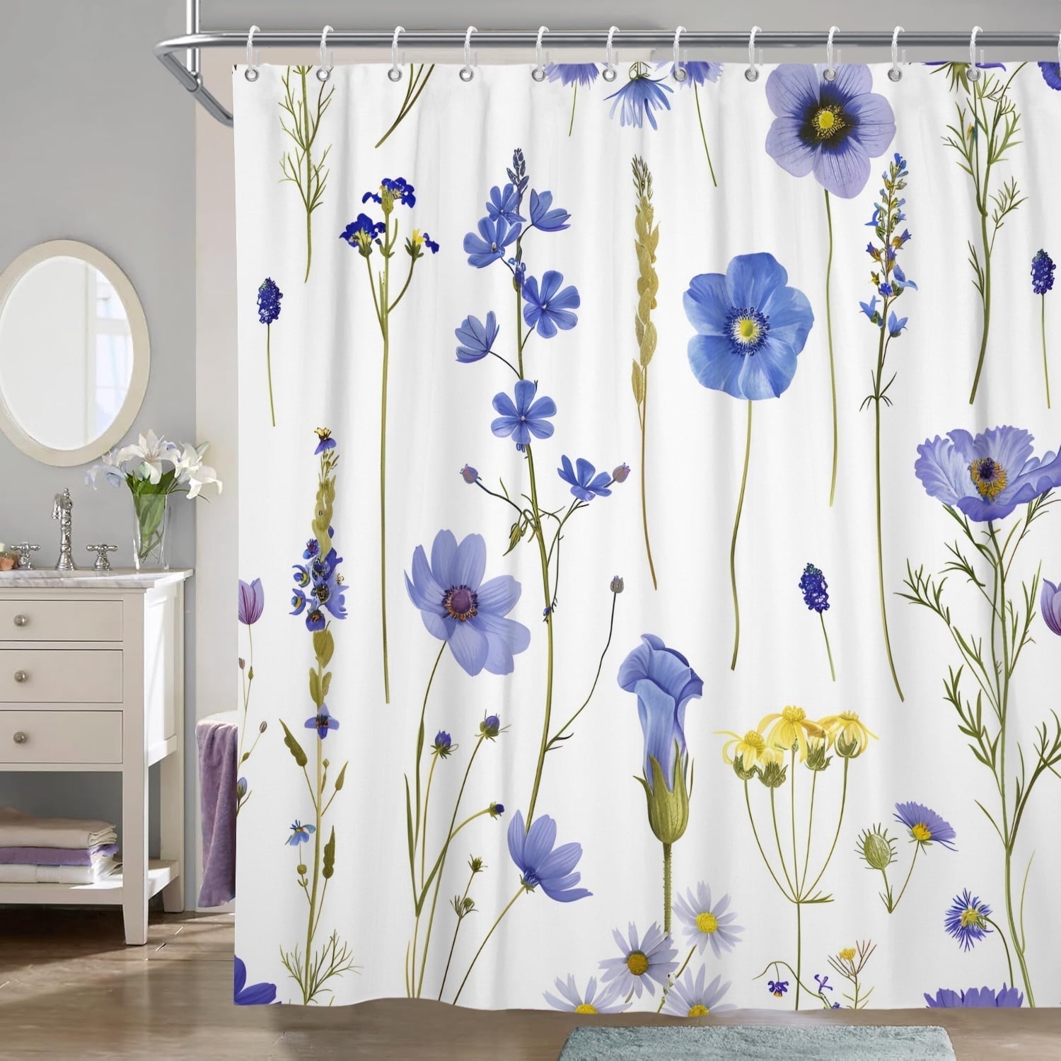 Purple Floral Shower Curtain, Watercolor Flower Plant Polyester Fabric Bath Curtain with Hooks,72''x72''