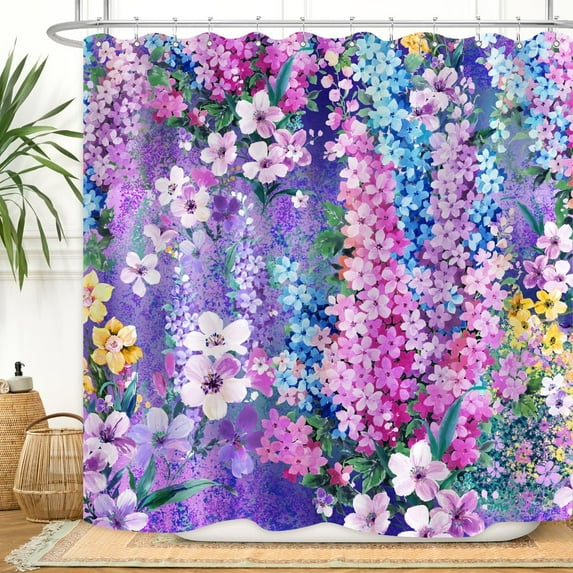 Purple Floral Shower Curtain Watercolor Flowers Bloom Garden Scenery Plant Home Bathroom Decor Waterproof Fabric 72Lx72W Inch with 12PCS Hooks