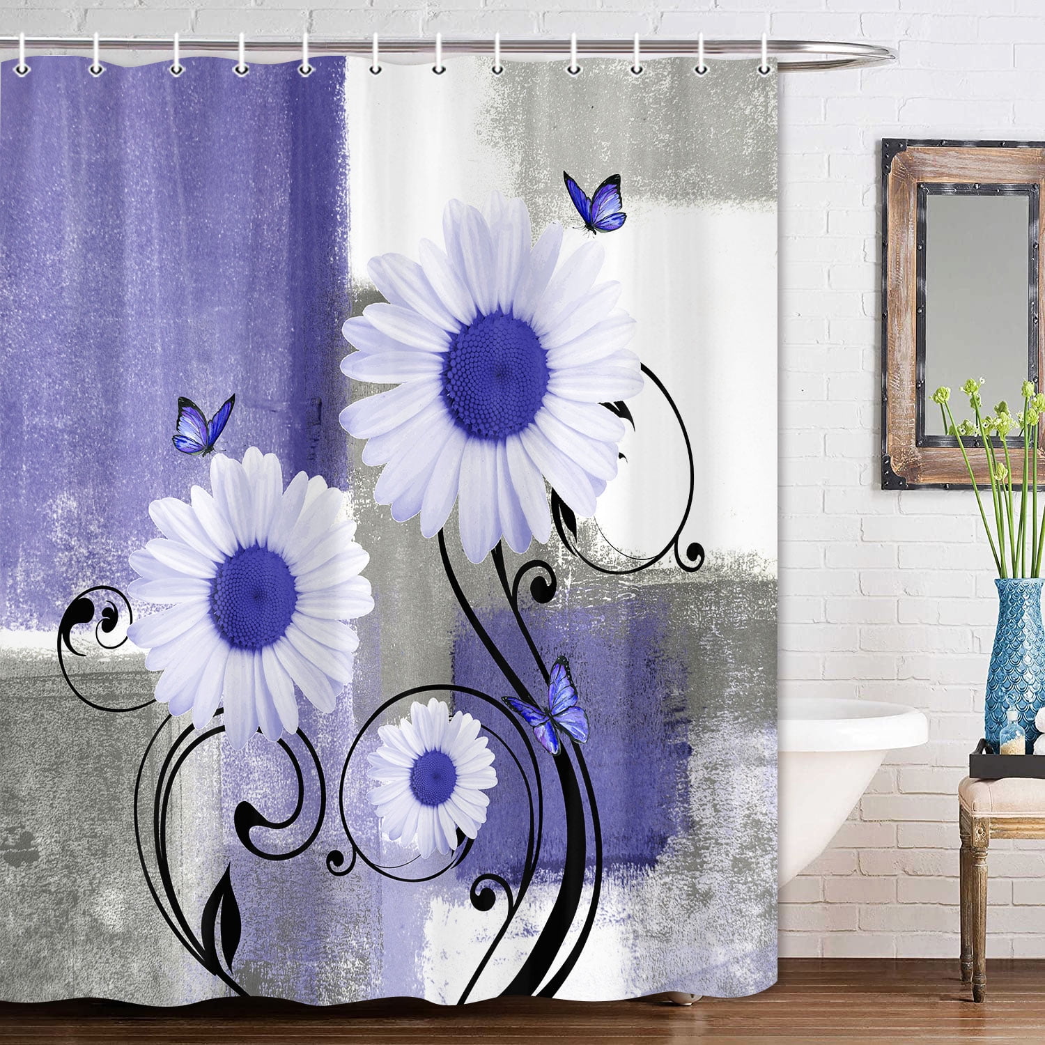 Purple Floral Shower Curtains for Bathroom,Aesthetic Brush Oil Painting Fabric Decor Bath Curtain,Daisy on Purple Gray White Abstract Modern Bakcground Fabric Shower Curtains,69X84in