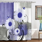 Purple Floral Shower Curtains for Bathroom,Aesthetic Brush Oil Painting Fabric Decor Bath Curtain,Daisy on Purple Gray White Abstract Modern Bakcground Fabric S