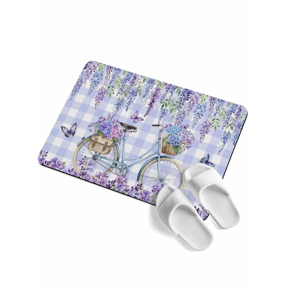 Purple Floral Soft Diatomaceous Earth Mat, Spring Florals Bicycle Butterfly Purple Plaid Absorbent Bath Mat Non Slip Rubber Backed Quick Dry Doormat Fit Under Door for Bathroom Kitchen 24"x36"