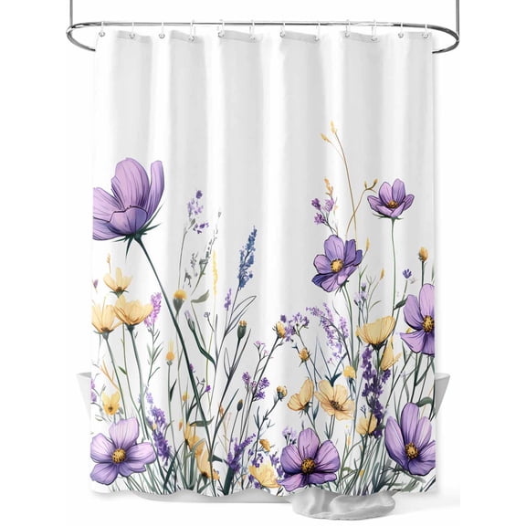 Purple Floral Spring Extra Long Shower Curtain Set, Waterproof Shower Curtains for Bathroom, Watercolor Summer Botanical Washable Fabric Cloth Bath Curtain for Bathtub with Hooks 72x96 Inches