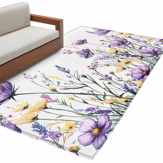 Purple Floral Spring Large Area Rugs for Bedroom Living Room, Soft Non Slip Carpet Bedside Rug, Watercolor Summer Botanical Rectangular Floor Cover Kitchen Accent Rug 4'x6' for Dining Room/Office