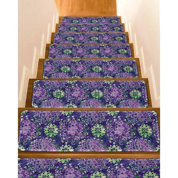 Purple Floral Stair Treads for Wooden Steps Indoor Runner Rug Carpet, Vintage Green Flower Ombre Botanical 4 Pieces Peel and Stick Staircase Step Treads Covers Washable Throw Door Mats, 30"x8"