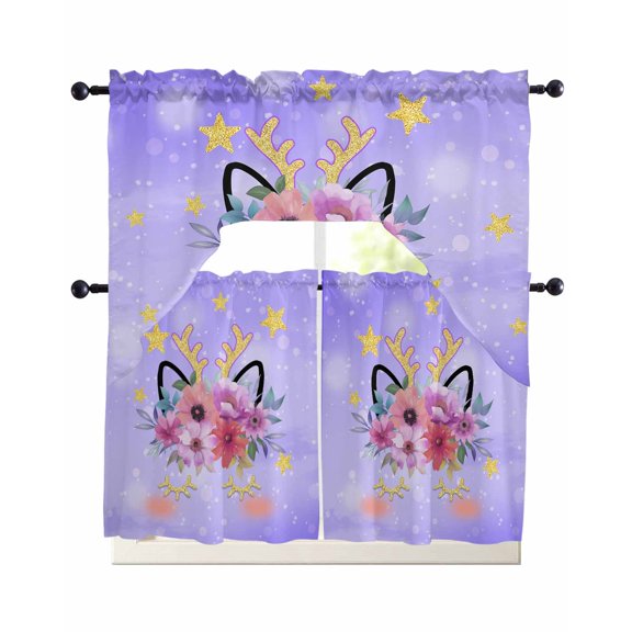 Purple Floral Swag Curtains for Living Room/Bedroom Windows, Fancy Botanical Flowers Antlers Abstract Art Kitchen Curtains and Valances Set 36 Inch Length, Swags Valance Curtain Panels