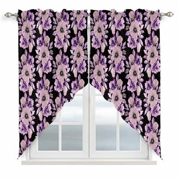 Purple Floral Swag Valances for Windows 2 Pack, Kitchen Window Curtains 36 Inch Length, Abstract Watercolor Flower Leaf Plant Privacy Swag Curtains for Living Room/Bathroom with Rod Pocket 36"x36"