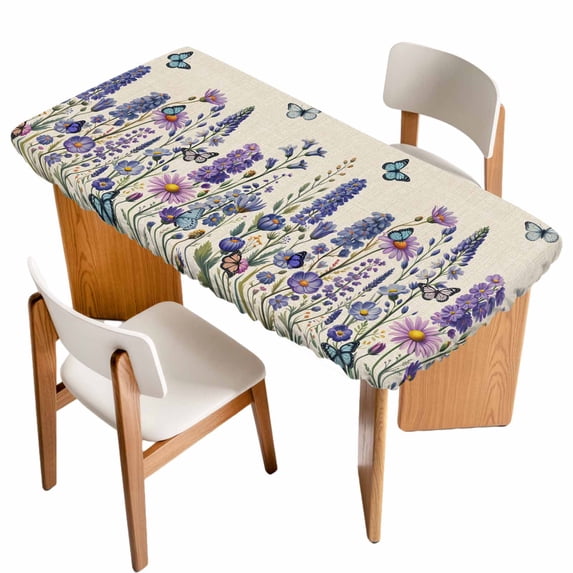 Purple Floral Table Cloths for 4 Foot Rectangle Tables, Spring Lavender Daisy Butterflies Botanical Beige Patio Waterproof Elastic Fitted Tablecloths, Washable Rectangular Table Cover for Camping