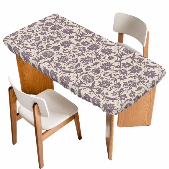 Purple Floral Table Cloths for 6 Foot Rectangle Tables, Spring Plants Flowers Vintage Rustic Patio Waterproof Elastic Fitted Tablecloths, Washable Rectangular Table Cover for Camping