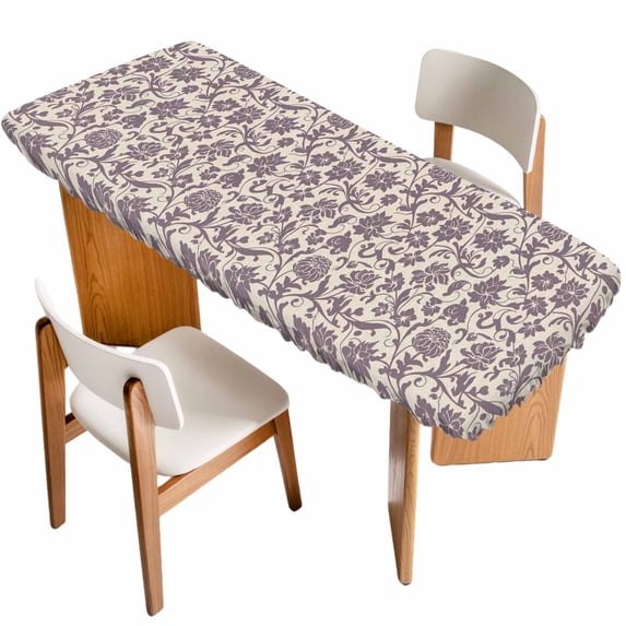Purple Floral Table Cloths for 8 Foot Rectangle Tables, Spring Plants Flowers Vintage Rustic Patio Waterproof Elastic Fitted Tablecloths, Washable Rectangular Table Cover for Camping