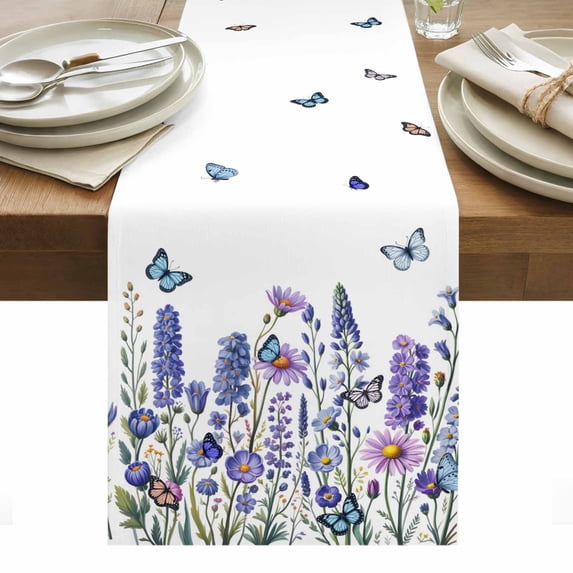 Purple Floral Table Runner - 120 Inch Long, Kitchen Dining Table Runner Dresser Scarves, Spring Lavender Daisy Butterflies Botanical Farmhouse Decor for Coffee Tables Wedding Party Banquet