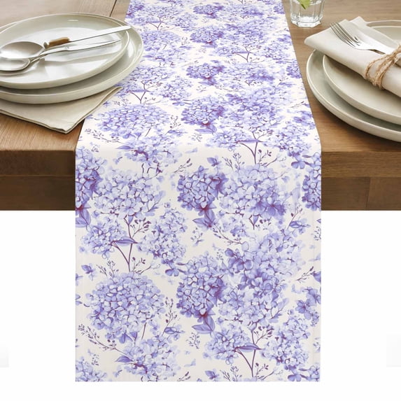 Purple Floral Table Runner - 70 Inch Long, Kitchen Dining Table Runner Dresser Scarves, Hydrangeas Flower Spring Summer Botanical Farmhouse Decor for Coffee Tables Wedding Party Banquet