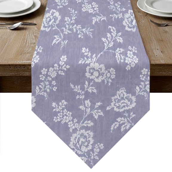 Purple Floral Table Runner Linen Burlap Table Runner 36 Inches Small Spring Botanical Flowers Rustic Dresser Scarves for Kitchen Island Coffee Dining Room Party Wedding Holiday Decoration 13"x36"