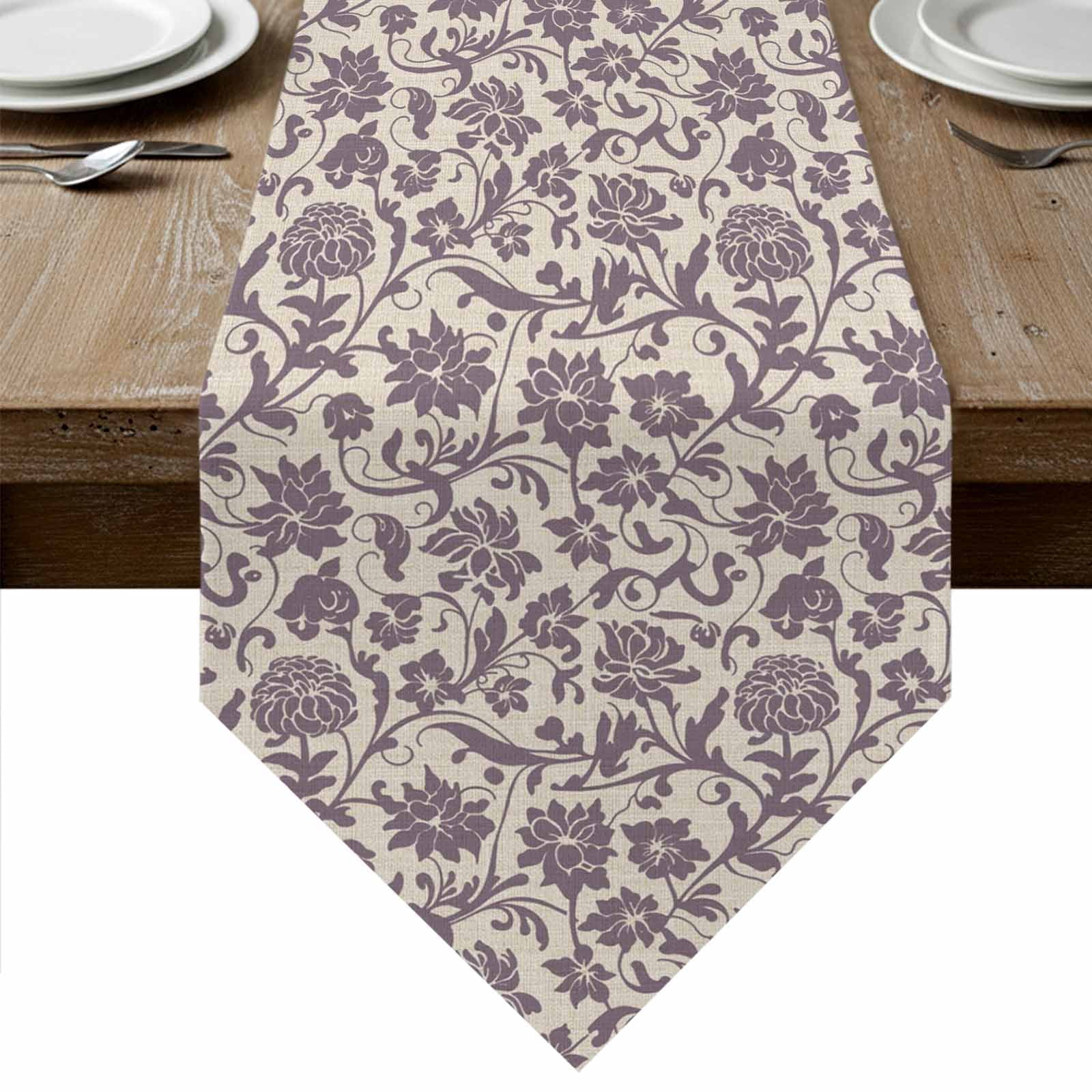 Purple Floral Table Runner Linen Burlap Table Runner 36 Inches Small Spring Plants Flowers Vintage Rustic Dresser Scarves for Kitchen Island Coffee Dining Party Wedding Banquet Holiday Decor 13"x36"