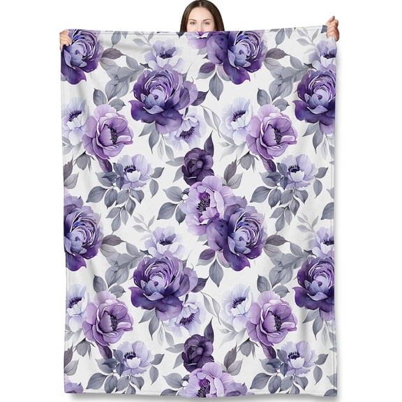 Purple Floral Throw Blanket Gifts for Adults Kids, Elegant Peony Flower Blankets for Living Room Bedroom Decor, Fuzzy Warm Flannel Plush 50"x60"