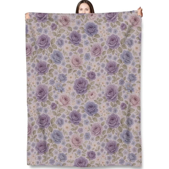 Purple Floral Throw Blanket Gifts for Adults Kids, Rose Flower Blankets for Living Room Bedroom Decor, Fuzzy Warm Flannel Plush 40"x50"