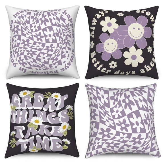 DaShan Purple Throw Pillow Covers 16x16 Set of 4,Summer Daisy Flower Pillow Cases for Bed Couch Home Decor