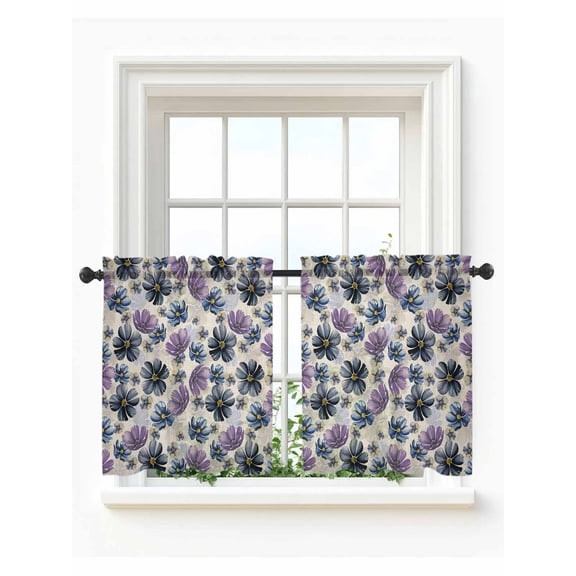 Purple Floral Tier Curtains 24 Inch Length,Sheer Curtains for Bedroom Living Room Window Blue Wildflower Farmhouse Nature Plant Voile Drapes Kitchen Curtains Small Half Window 27.5"x24" 2 Panels