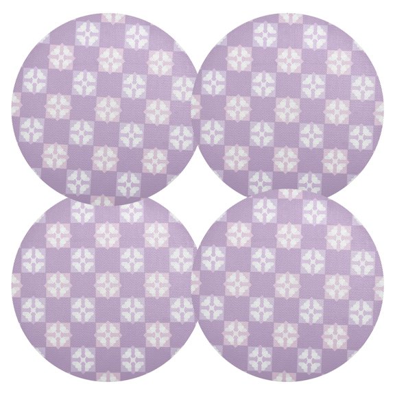 Purple Floral Tile Pattern PVC Round Grid Placemat Table Mat Set 4 Pcs 15.4" x 15.4"
