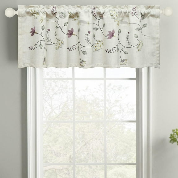 Purple Floral Valance for Windows Bedroom, Embroidery Blossoms Faux Linen Light Filtering Valances for Cafe Bathroom, 52 x 18, Rod Pocket
