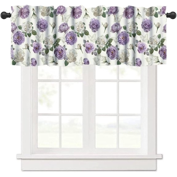Purple Floral Valances Window Treatments,Beige Spring Flower Rod Pocket Small Valances Treatments Modern Farmhouse Short Curtain for Living Room Bedroom Kitchen Bathroom,54" x 18"