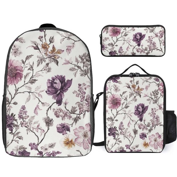 Purple Floral Vintage Pattern Backpack Bookbag Students Bags S Rucksack Lunch Bag Pen Bag Three-Piece Set