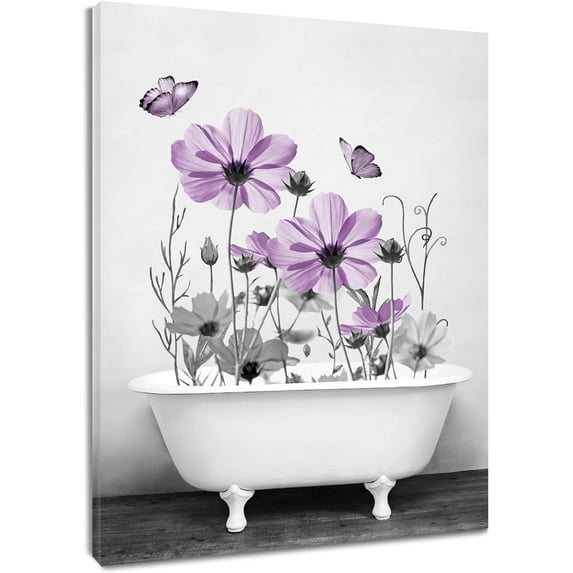Purple Floral Wall Art for Living Room,Country Flower and Butterfly in Bathtub on Rustic Wood Canvas Wall Art Rustic Grey Wildflower Framed Wall Art for Bathroom Bedroom Decor,10L X 8W Inches