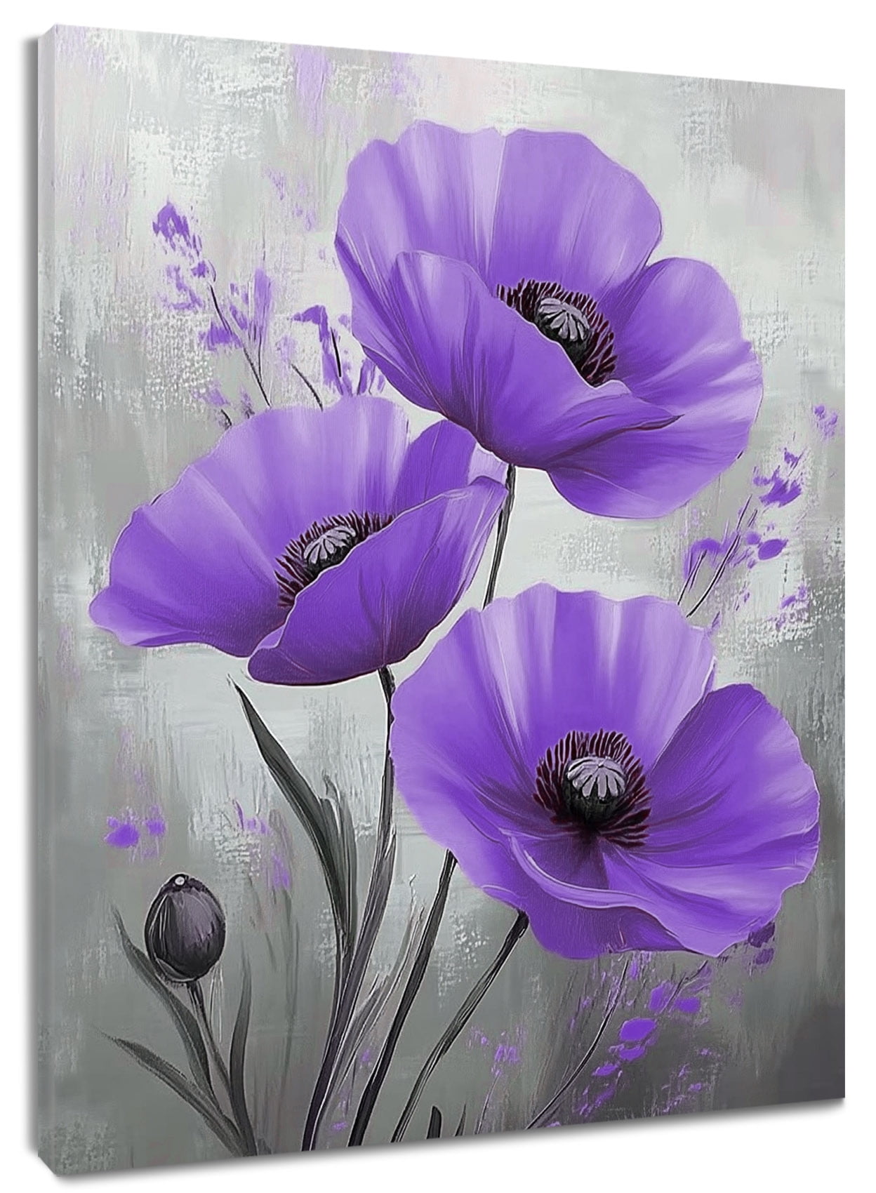 Purple Floral Wall Art, Retro Watercolor Flower on Grey Background ...