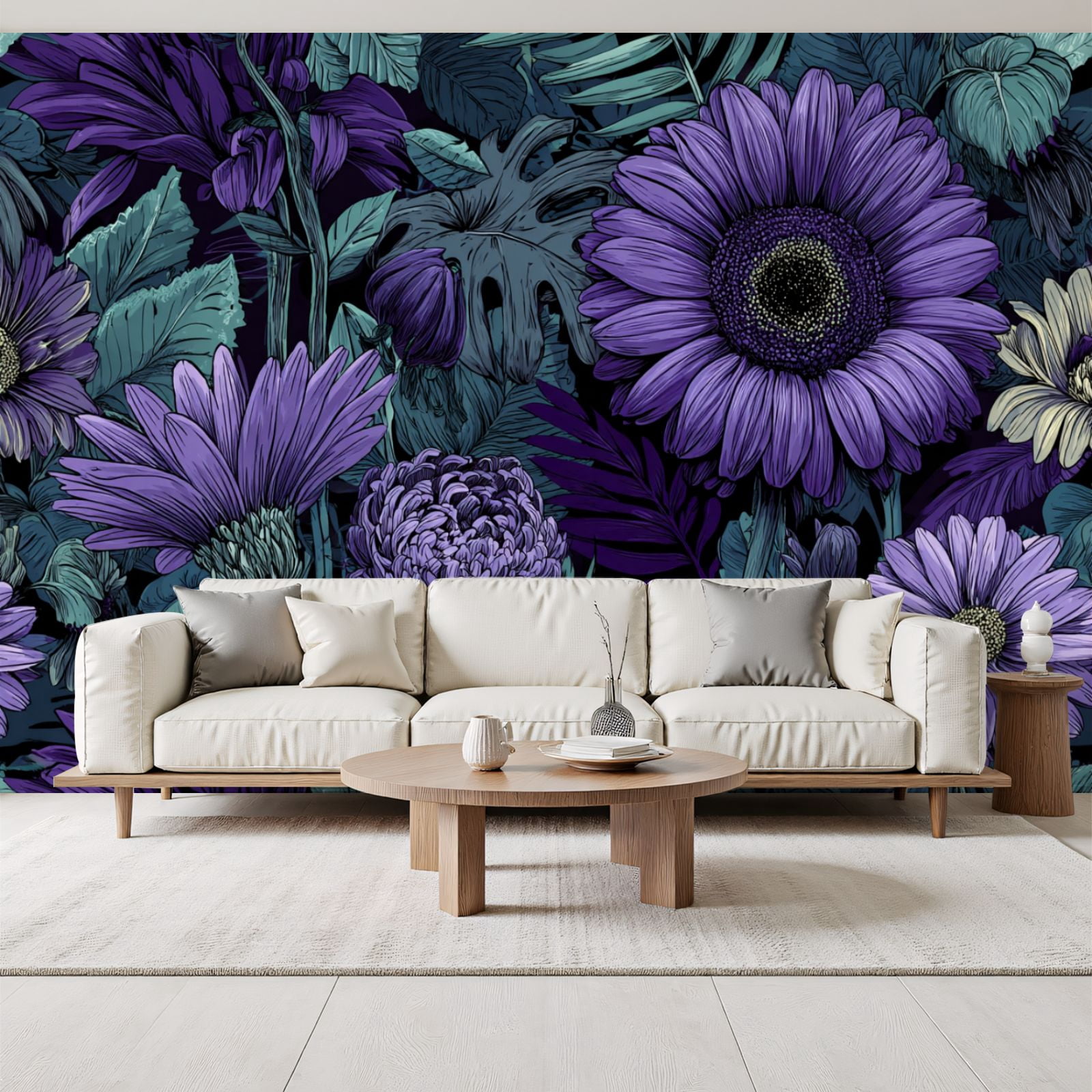 Purple Floral Wallpaper Dark Teal Leaves Elegant Hand Drawn Peel and