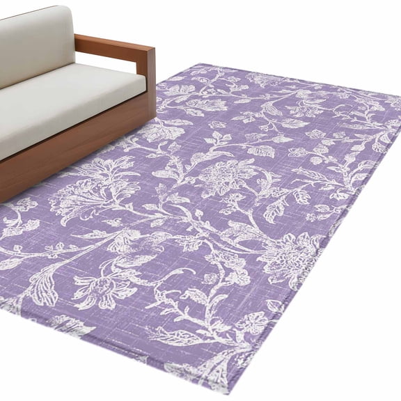 Purple Floral Washable Area Rugs 3'x5', Pastoral White Lavender Petal Leaf Botanical Low Pile Throw Living Room Rug Non-Slip Sturdy Edge Binding Carpet for Indoor Entryway Bedside Kitchen