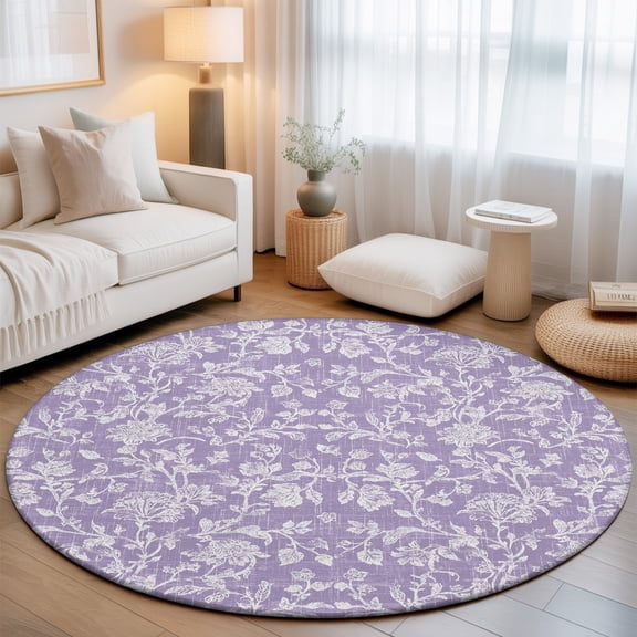Purple Floral Washable Round Area Rug 3 ft, Pastoral White Lavender Petal Leaf Botanical Soft Non Slip Rugs Stain Repellent Indoor Felt Carpet for Living Dining Room Bedroom Home Office