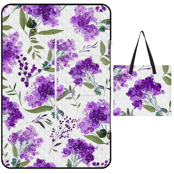 Purple Floral Watercolor Seamless Pattern Picnic Blanket Waterproof Outdoor Beach Blanket Hand-held Pad Suitable for Travel, Camping, Beach, Family Gatherings