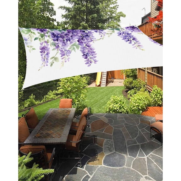 Purple Floral Waterproof Sun Shade Sail Watercolor Wisteria Flowers Plant Leaf Outdoor Patio Sun Shades Canopy UV Block Waterproof Sunshade for Garden Backyard Deck Pergola 6.5x10 Ft