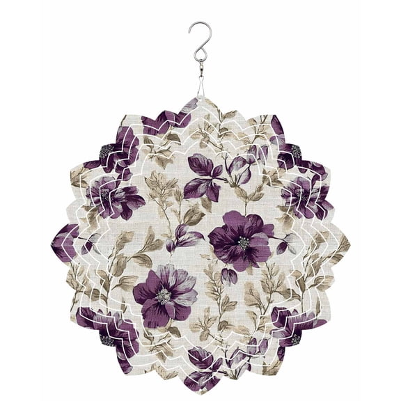 Purple Floral Wind Spinner for Garden Yard 8In, Vintage Flower Botanical Leaves Classic 3D Stainless Steel Kinetic Hanging Wind Spinners Rustproof Outdoor Decor for Lawn Patio Home