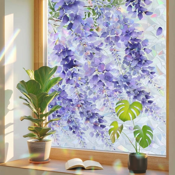 Purple Floral Window Privacy Film, Watercolor Purple Wisteria Leaf Stained Glass Rainbow Film Decorative Window Clings, Static Cling Sun Blocking Stickers 23.6" x 59"