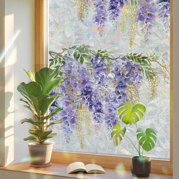 Purple Floral Window Privacy Film, Watercolor Purple Yellow Wisteria Linen Texture Stained Glass Rainbow Film Decorative Window Clings, Static Cling Sun Blocking Stickers 17.7" x 39.3"