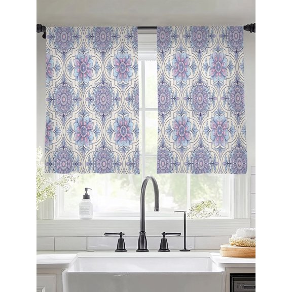 Purple Floral Window Sheer Curtain Boho Kaleidoscope Periwinkle Mandalas Eclectic Semi Curtain Sheers Light Filtering Rod Pocket Voile Drapes for Bedroom Kitchen Living Room 52 X 45 Inch, 2 Panels