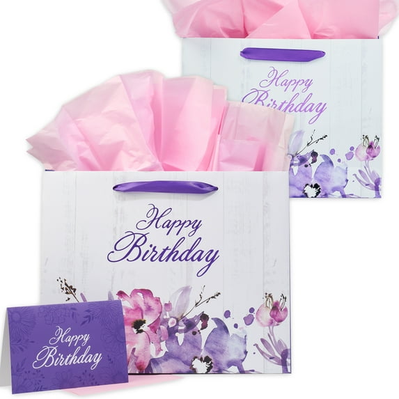 Purple Floral Womens Landscape Gift Bag Set w/Card: Happy Birthday, Large