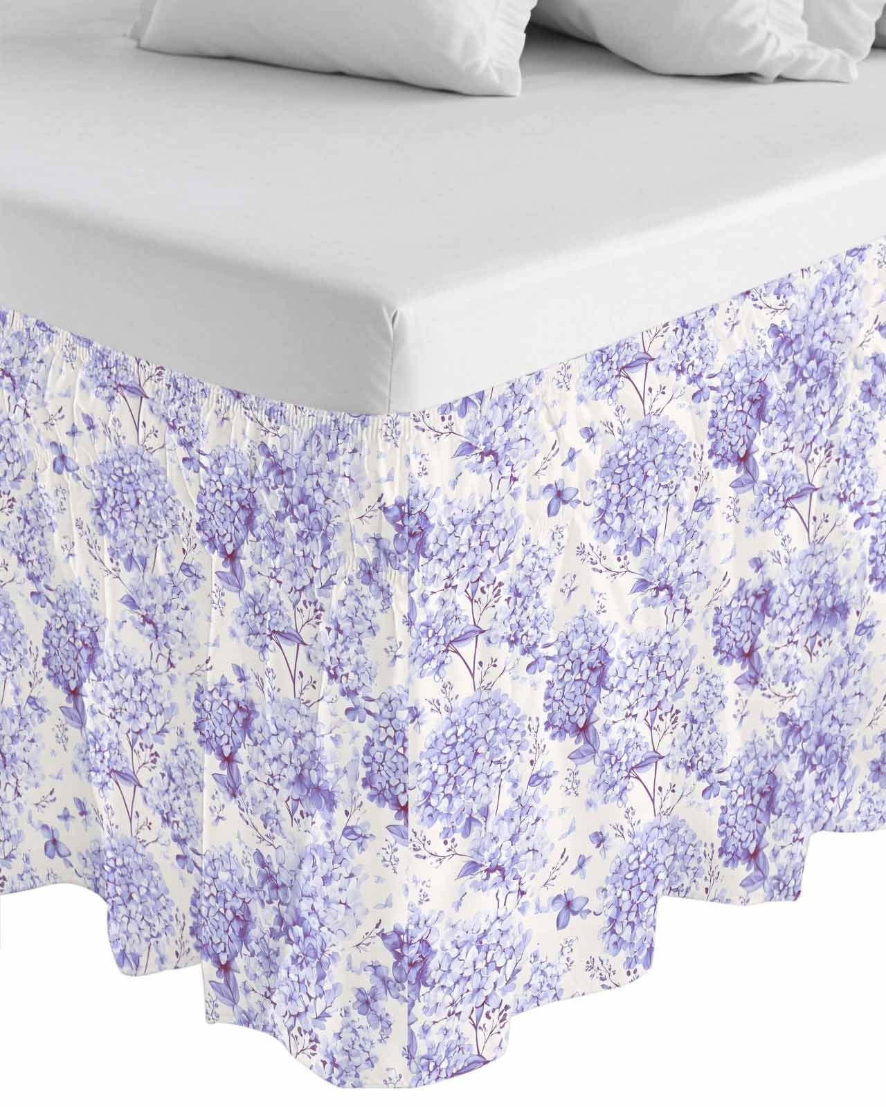 Purple Floral Wrap Around Bed Skirts for Queen Bed 18" Drop,Bed Skirt with Adjustable Elastic Belt Dust Ruffle Bed Valance for Bedroom Hotel Hydrangeas Flower Spring Summer Botanical Bed Frame Cover